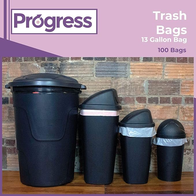 Progress Drawstring Trash Bags – 13 Gallon Portable Tall Garbage Bags Can Liners for Kitchen Office Bathroom Garage | Waste Disposal Supplies (100 Count)