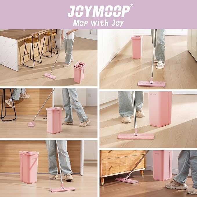 JOYMOOP Pink Mop and Bucket with Wringer Set for Home with 3 Reusable Microfiber Mop Pads Hands-Free Self-Cleaning System Suitable for Floor Cleaning and Wall Cleaner