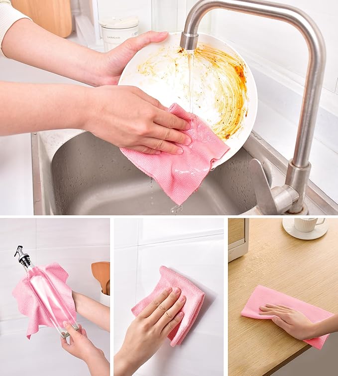 KitchLife Microfiber Cleaning Cloth Roll 100 Pack - Tear-Away Microfiber Paper Towels Lint-Free Reusable Washable for Kitchen Car Dishes and Sensitive Surfaces (Pink)