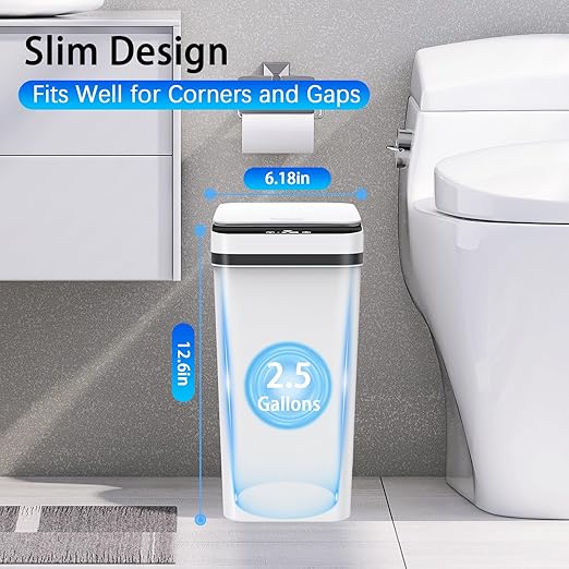 3 Pack Automatic Small Bathroom Trash Can with Lid - 2.5 Gallon Touchless Garbage Can Motion Sensor Smart Trash Bin Slim Dog Proof Trashcan Waterproof Wastebasket for Bedroom Office Kitchen (White)