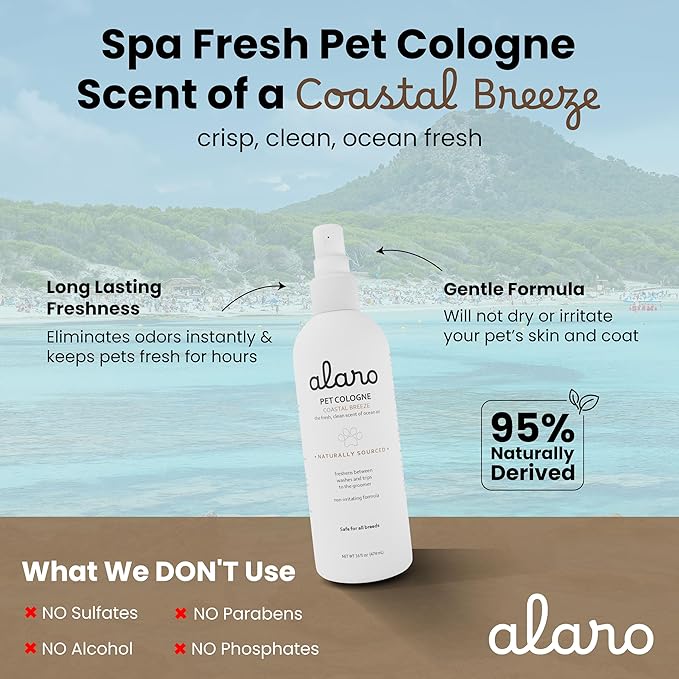 Alaro Dog Cologne Spray - Natural Deodorizing Spray - Long Lasting Coastal Breeze Scent - Pet-Safe Dog Perfume Spray for All Breeds - Made in USA - 16 oz