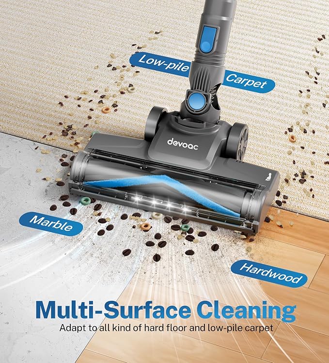 DEVOAC N300 Cordless Vacuum Cleaner 6 in 1 Lightweight Stick Vacuum 2200mAh Battery Up to 40mins Runtime Powerful Handheld Vacuum for Hard Floor Rug Pet Hair Home Dorm (Blue)