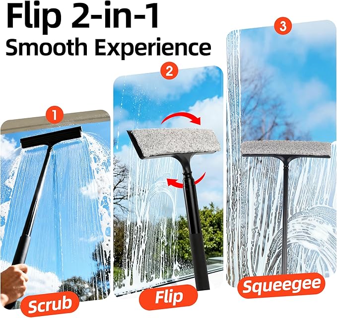 Window Squeegee with Flip-Head Shower Squeegee 16-59 Long Handle Telescopic Pole &amp 30% Thicker Blade Shower Squeegee for Glass Doors Shower Car Windows Bathroom