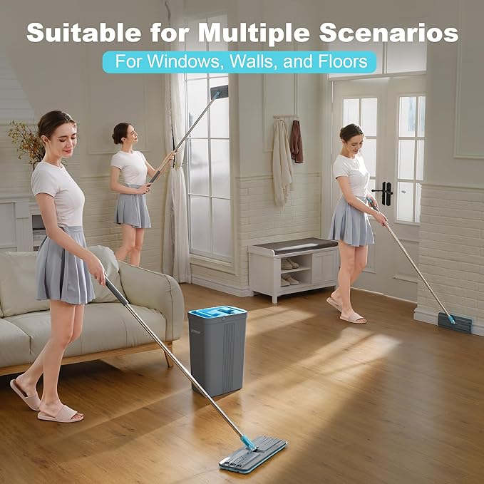 JOYMOOP Mop and Bucket Set with Wringer Mops for Floor Cleaning Wall Mop Cleaner with Long Handle with 4 Reusable Microfiber Mop Pads - Grey+Cyan Blue