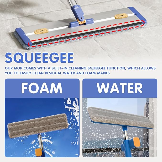 16.5 Microfiber Self Wringing Flat mopWet Dry mops for Cleaning Floorswith 55 Long Handle for Wall Cleaner with Squeegee (New Mop &amp 5 Microfiber mop Pads &amp Folding Bucket)