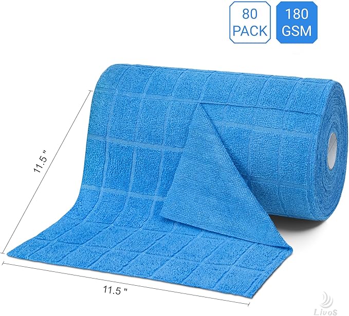 LIVOS Microfiber Cleaning Cloth Roll - 80 Pack Reusable Paper Towels Microfiber Towels for Cars Super Absorbent Lint Free Cleaning Rags for House Kitchen Window-Check Blue 11.5x11.5