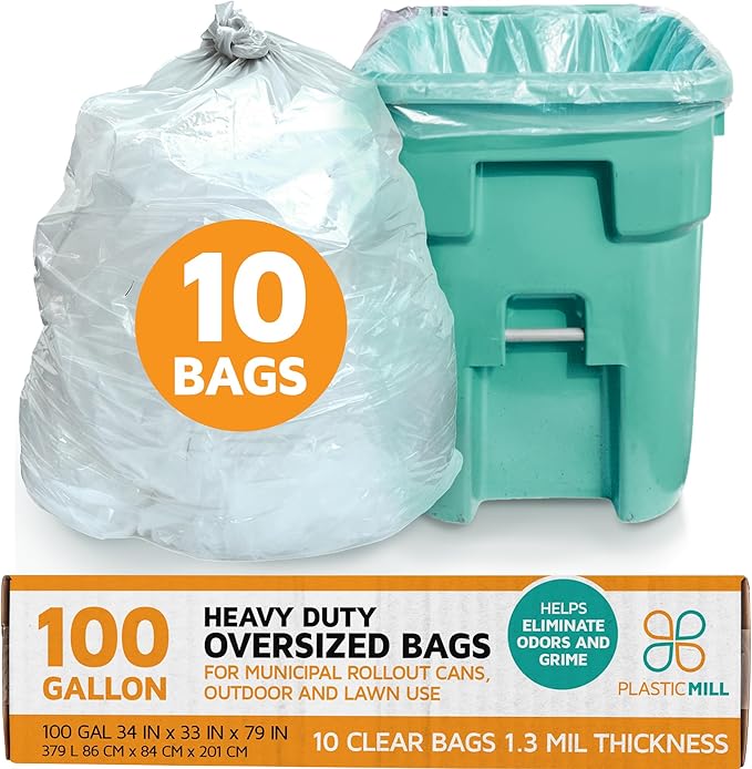 PlasticMill Heavy Duty Trash Bags - Clear Garbage Bags - Plastic Trash Bags for Large Rolling Trash Bins - Tall Trash Bags - 100-Gallon Large Kitchen Trash Bags 1.3 Mil 67x79 (10-Count)