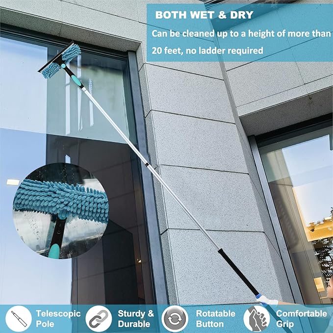 20 Ft+ Reach 2 In 1 Window Squeegee Duster with 5-to-12 Foot Extension Pole Cleaner Tool with 3-Stage Telescoping Pole Cleaning Kit with Rotatable Head - Chenille Cloth + Microfibre Cloths Head