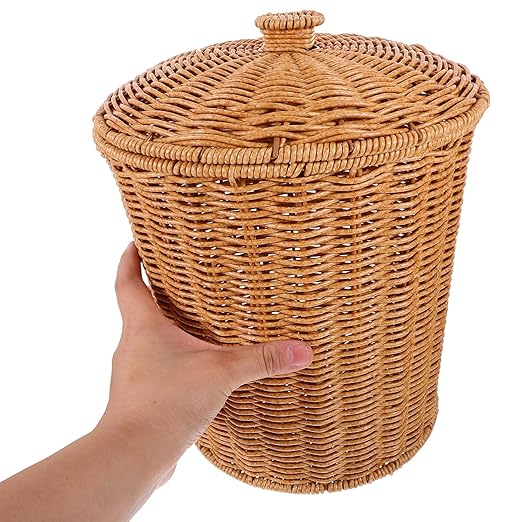 ABOOFAN Wicker Trash Can with Lid Bedroom Bathroom Trash Can Boho Woven Wicker Waste Basket Office Garbage Cans Rattan Storage Basket for Under Desk Dirty Clothes Container Flower Arrangement