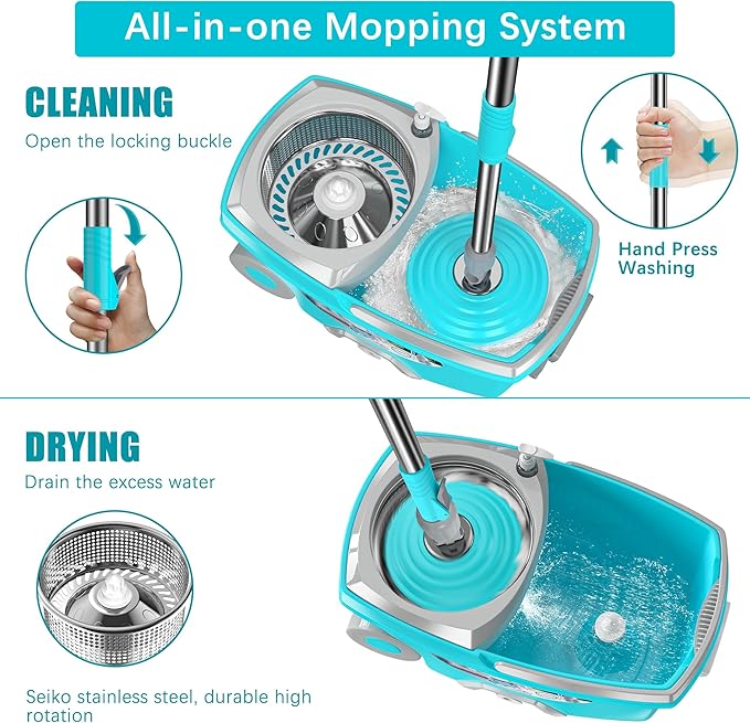 FunClean Spin Mop and BucketMop and Bucket with Wringer Set for Home360 Spinning Mopping Floor Cleaning Tool with 6 Microfiber Replacement Head Refills61 Extended Handle 2X Wheel - Blue