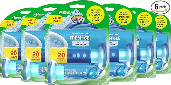 Scrubbing Bubbles Fresh Gel Toilet Bowl Cleaning Stamps Automatic &amp Continuous Bathroom Toilet Cleaner Helps Prevent Limescale &amp Rings Rainshower Scent 1 Dispenser with 12 Stamps (6 Count)