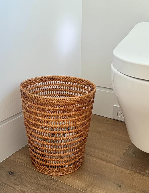 KOUBOO La Jolla Rattan Mesh Round Waste Basket Garbage Container Bin Wicker Waste Basket Woven Trash Can Rubbish Basket for Bedroom Bathroom 11 x 11 x 12 Honey Brown