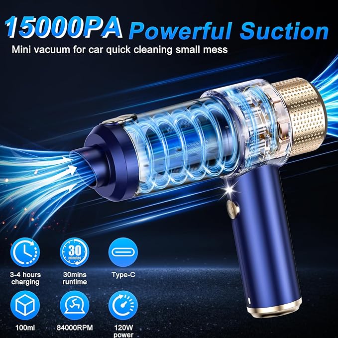 Mini Vacuum Cleaner 15000PA Car Vacuum Cleaner Portable Cordless with LED Light 4 in 1 Air Duster and Handheld Small Vacuum Rechargeable for Car Home Office Pet（Blue）