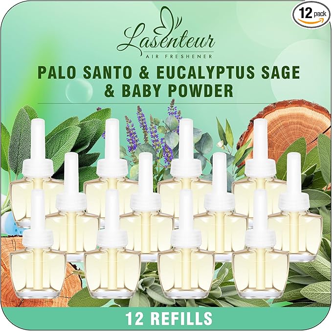 Plug In Air Freshener Refills - Palo Santo &amp Eucalyptus Sage Baby Powder Scent For Home &amp Bathrooms Office 12 Count Fragrance Refills Compatible with Air Wick &amp Glade Not Include Glad