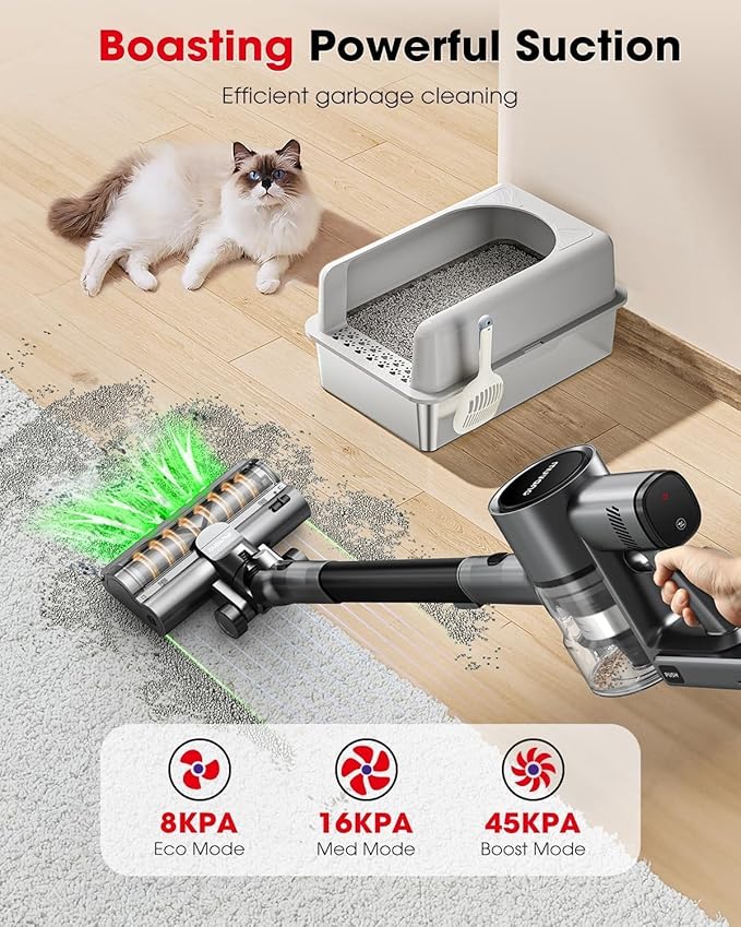 Cordless Vacuum Cleaners for Home G26 Vacuum Cleaner 45KPA Powerful Suction Up to 60 Minutes Tangle-Resistant Rechargeable Stick Vac with Wall Mount for Pet Hair Hardwood Floors