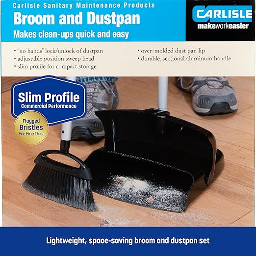 Carlisle FoodService Products Duo-Pan Upright Dust Pan and Broom Set with Adjustable Broom Head for Floor Cleaning Restaurants and Janitorial Use 36 x 11.8 x 41 Inches Black (Pack of 4)