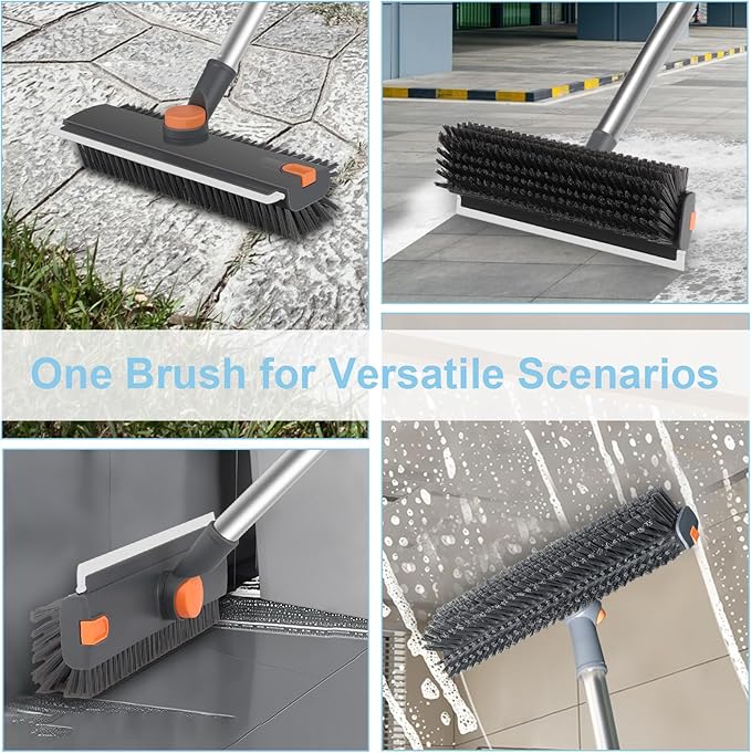 Floor Scrub V Brush with Long Handle 4 in 1 Silicone Scrape and Stiff Bristle Scrubber 360° Cleaning Brush with Tweezers for Shower Bathroom Patio Garage Kitchen Wall and Deck