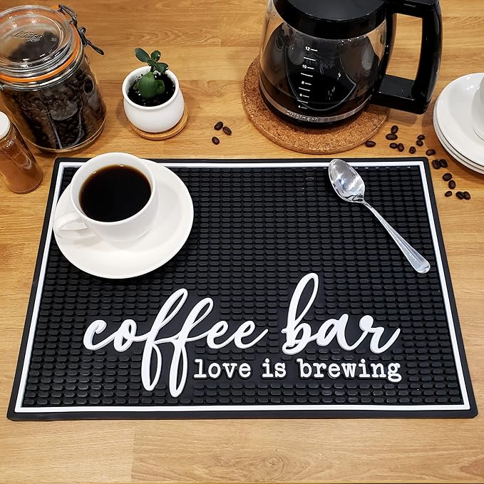 New Mungo Coffee Bar Mat – “Love Is Brewing” – Spill-Proof PVC Coffee Station Mat Non-Slip Countertop Protector 18x12