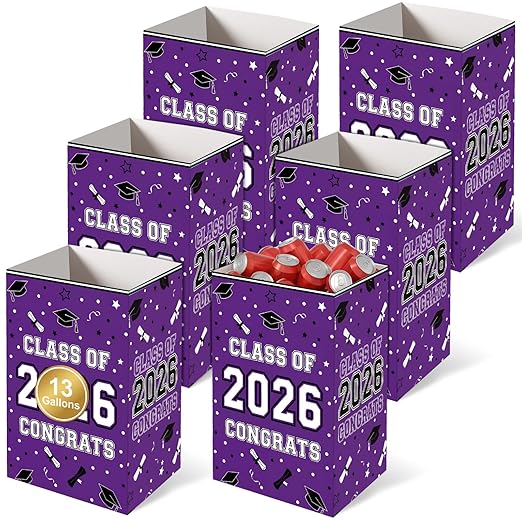 Tinlade 6 Pack 2026 Purple Graduation Decoration 13 Gallon Disposable Trash Cans Class of 2026 Party Garbage Bins Large Waterproof Foldable Recycle Pop up Bins for Graduation Party School