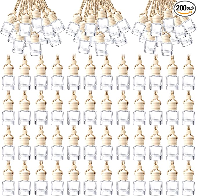 BBTO 200 Pcs Hanging Car Diffuser Bottles Bulk Empty Clear Glass Air Freshener Bottles with Wooden Cap for Perfume Essential Oils Fragrance Aromatherapy Ornament(Cylinder)