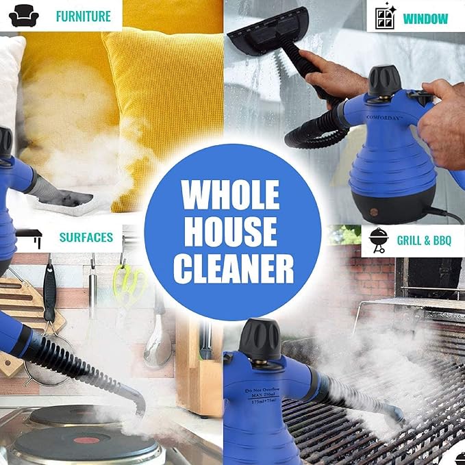 Comforday Handheld Pressurized Steam Cleaner - Multi-Purpose Steamer with 9-Piece Accessories Steam Cleaning Machine for Stain Removal Curtains Car Seats Floor Window (Blue)