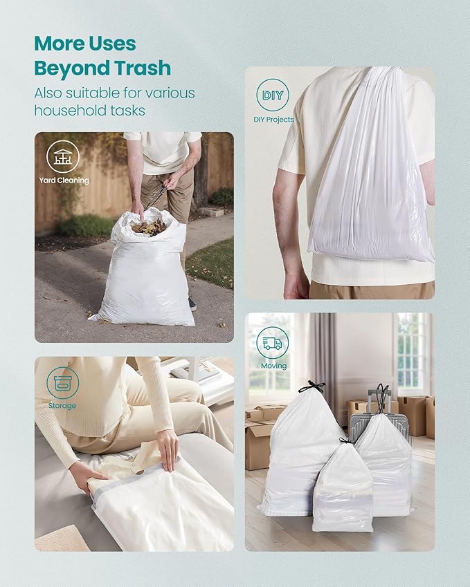 SONGMICS Trash Bags for 13-Gallon (50 L) Trash Cans Drawstring Kitchen Garbage Bags Pre-Separated Quick-Dispense Box Liner Code K 4 Rolls 160 Count White UKRB051A04