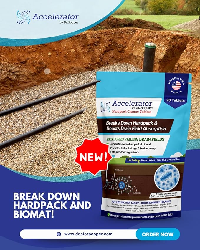 Accelerator by Dr. Pooper® – Hardpack Cleaner Tablets for Septic Systems | Breaks Down Hardpack &amp Boosts Drain Field Absorption | 20 Tablets - Use with our tool kit — available separately