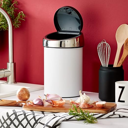 Brabantia Touch Bin Trash Bin Garbage Bin Paper Container with Plastic Insert Wall Mount Lid Brilliant Steel White White 3 L 364488