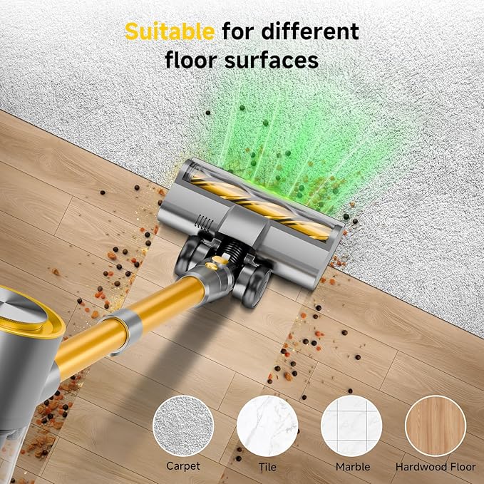 KIKETECH Cordless Vacuum Cleaner with Self-Standing Lightweight Powerful Suction VacuumLED Screen Stick Vacuum Cleaners for Home for Pet Hair Carpets Hardwood Floors (Yellow)