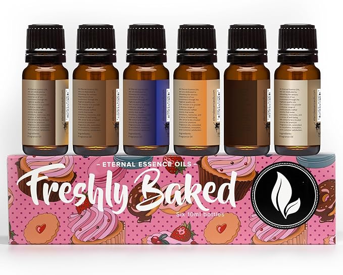 Eternal Essence Oils Freshly Baked Set of 6 Premium Fragrance Oils - Includes Blueberry Pancakes Caramel Nut Muffin Butterscotch Cookie Dough Cinnabon Chocolate Fondue and Creamy Nutmeg - 10ML