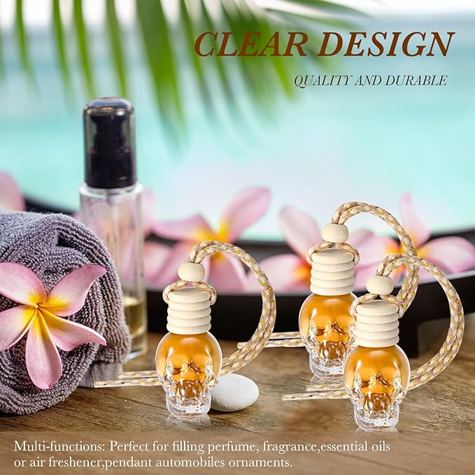 BBTO 200 Pcs Hanging Car Diffuser Bottles Bulk Empty Clear Glass Air Freshener Bottles with Wooden Cap for Perfume Essential Oils Fragrance Aromatherapy Ornament(Skull)