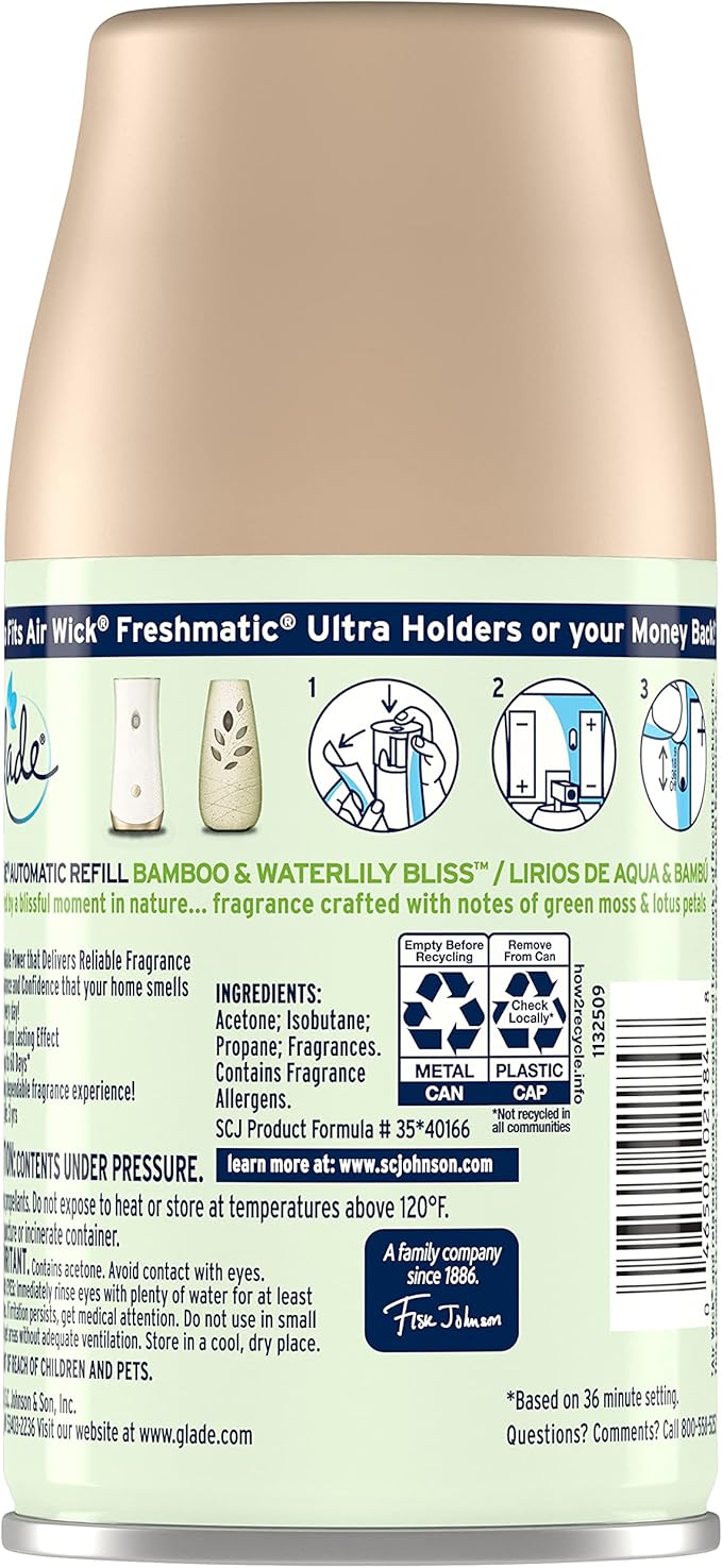 Glade Automatic Spray Refill Air Freshener for Home and Bathroom Bamboo &amp Waterlily Bliss 6.2 Oz 3 Count