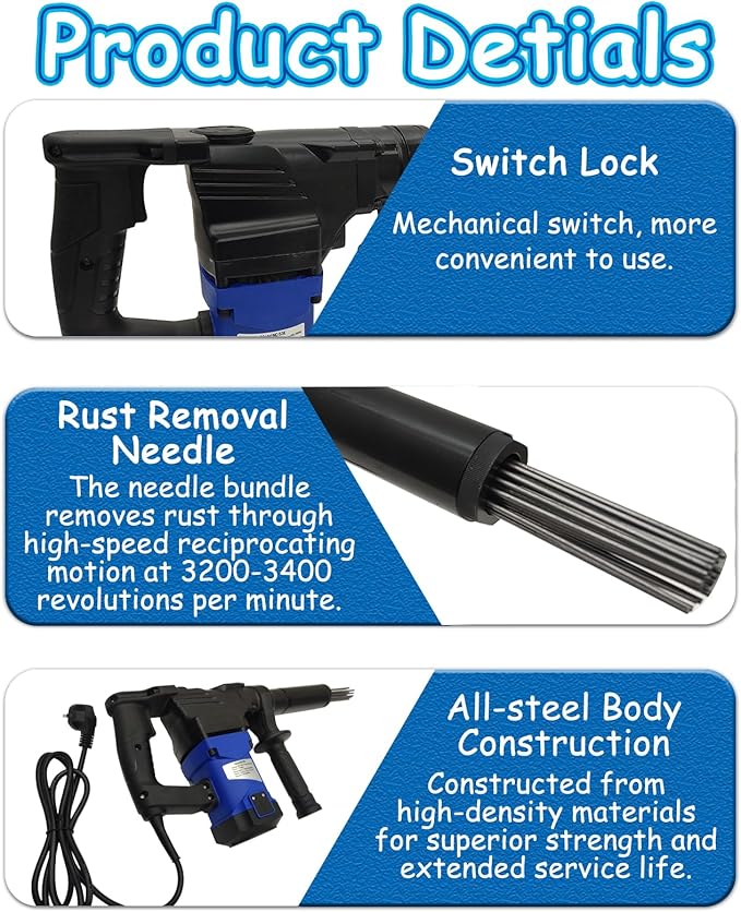 Electric Needle Scaler Gun 110V/1100W Industrial Rust Remover with 3200-3400 BPM Includes 100 Needles &amp 30 Min Max Runtime Portable Descaler for Metal Weld Slag &amp Ship Maintenance