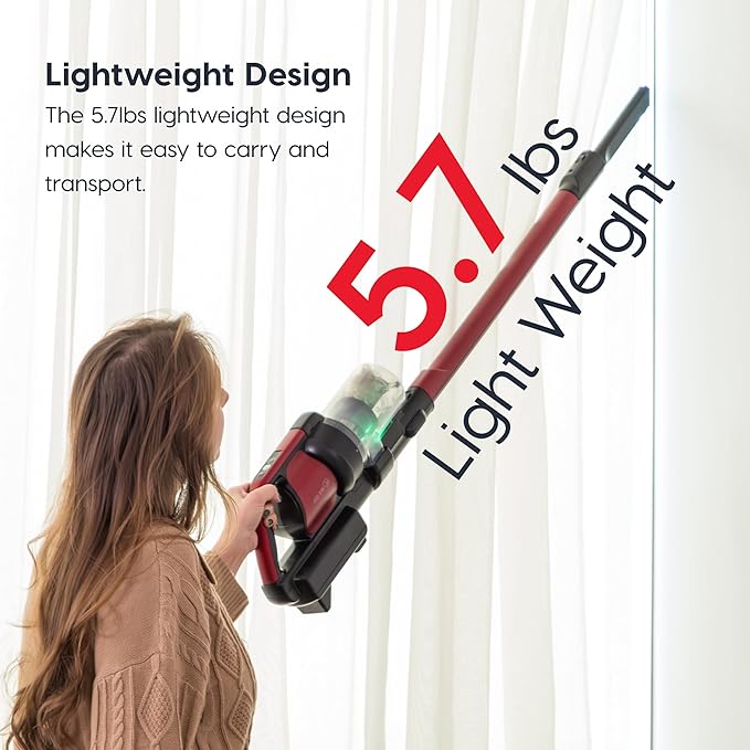 Cordless Vacuum Cleaner 11-inch Powerhead Self-Standing Design Fast Charging 50-Minute Runtime LED Dust Sensor Red
