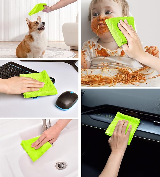 KitchLife Microfiber Cleaning Cloth Roll 100 Pack - Tear-Away Microfiber Paper Towels Lint-Free Reusable Washable for Kitchen Car Dishes and Sensitive Surfaces (Neon Green)