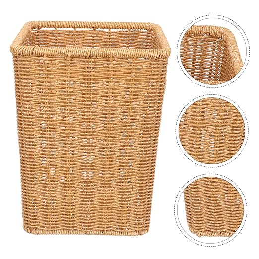 PRETYZOOM Nordic Style Woven Trash Can Space-Saving Bathroom Wastebasket No Lid Retro Design for Home Kitchen Paper Bin 100% Handwoven Suitable for Small Spaces