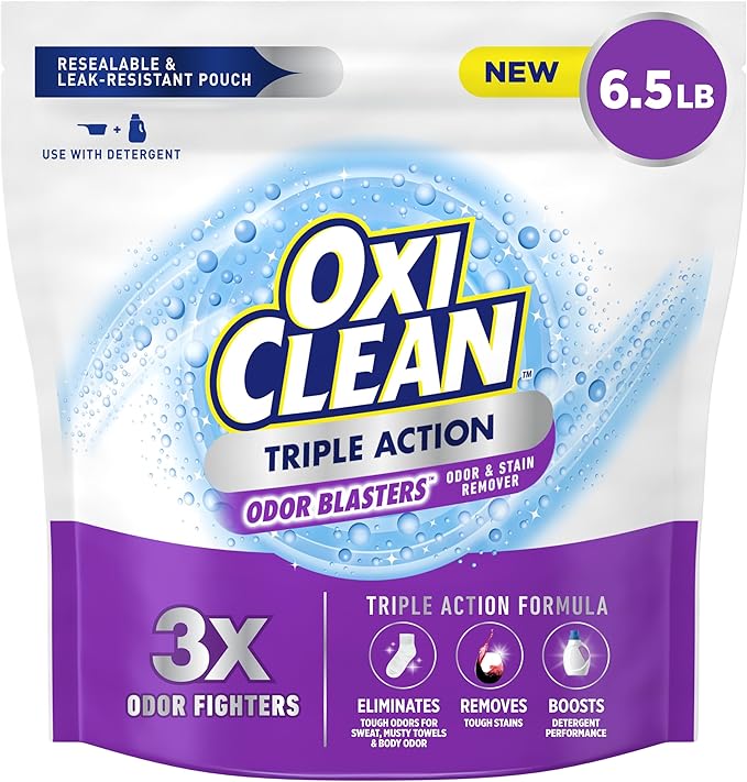 OxiClean Triple Action Odor Blasters Odor and Stain Remover Powder Use with Detergent Eliminates Tough Odors and Removes Stains Color Safe and Chlorine Free 6.5 lbs