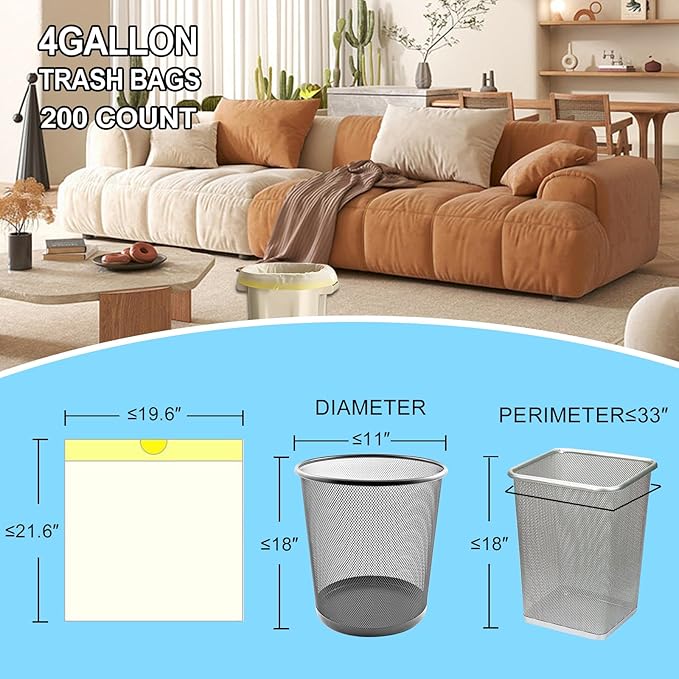 4 Gallon Yellow Trash Bags - Drawstring small trash Bags for Bathroom Kitchen Bedroom Office 200Count Durable &amp Thick Trash Bag