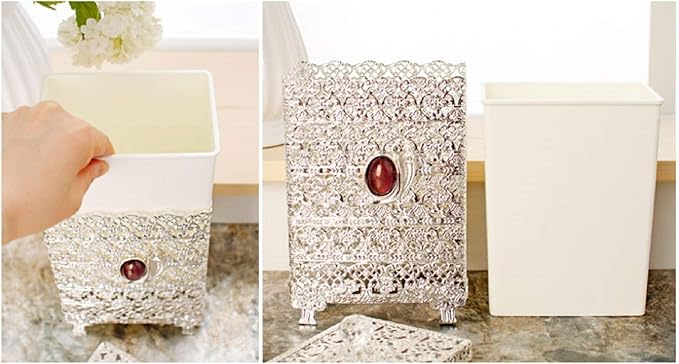 SEHAMANO Antique Rectangular Wastebasket Vintage Decorative Small Trash Can Classic Garbage Container Bin for Vanity Bedroom Kitchen Powder Rooms Home Office Rubbish Bin (Silver (Shiny Silver))