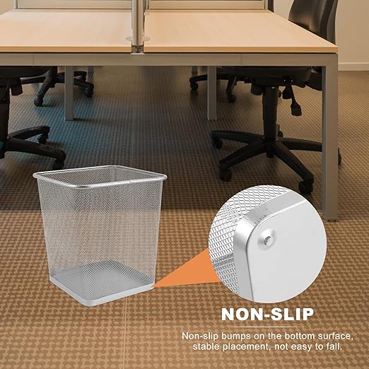 Metal Office Trash Can Small Square Silver Iron Mesh Waste Basket Bottom Paper Bin for Bathroom Bedroom Kitchen Living Storage