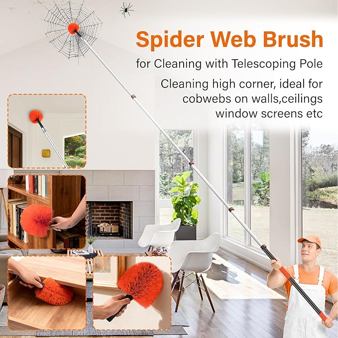 Feather DustersCobweb Duster with 5-20FT Extension Pole | Spider Web for Outdoor &amp Indoor Web Cleaning | Soft Bristle | Lightweight Extendable Handle | 3/4 Standard Acme Threaded Fits Cleaner To
