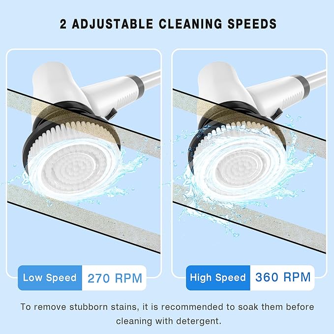 Electric Spin Scrubber Cordless Cleaning Brush with 7 Replaceable Brush Heads &amp Adjustable Extension Handle 2 Speed Power Shower Scrubber for Bathroom Tub Tile Floor (White)