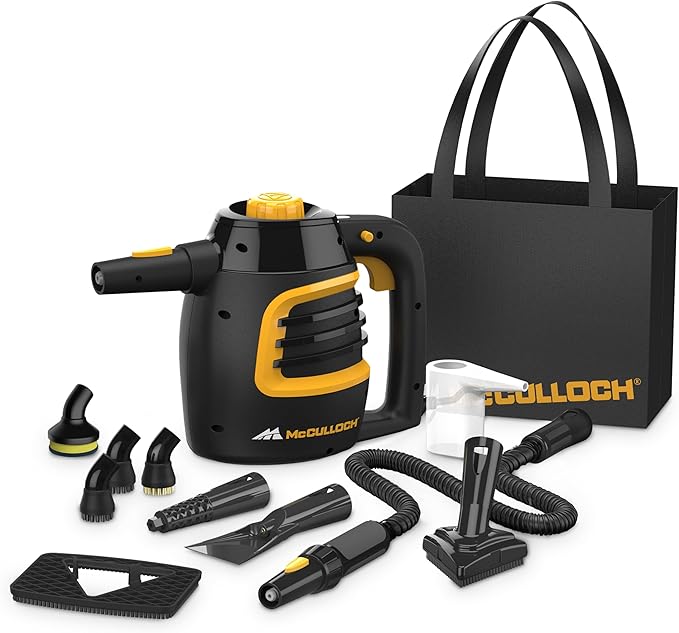 McCulloch MC1230 Handheld Steam Cleaner 10 Minute Runtime 11 Accessories: Jet Nozzle Brushes &amp More - Built for Home Tile Grout Carpet Furniture &amp Personal Car Detailing