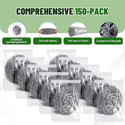 Honeydak 150 Pack Stainless Steel Scourers Steel Wool Scrubbers Bulk Separately Packaged 3 Inch 25 Gram Metal Scourers Sponges Wire Scouring Pad for Stove Pot Pan Oven Kitchen Restaurant(Classic)
