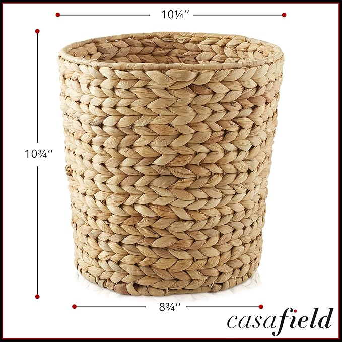 Casafield Set of 2 Water Hyacinth Waste Baskets - Natural Round Woven Trash Can Bins for Bathroom Bedroom Laundry Room Home Office