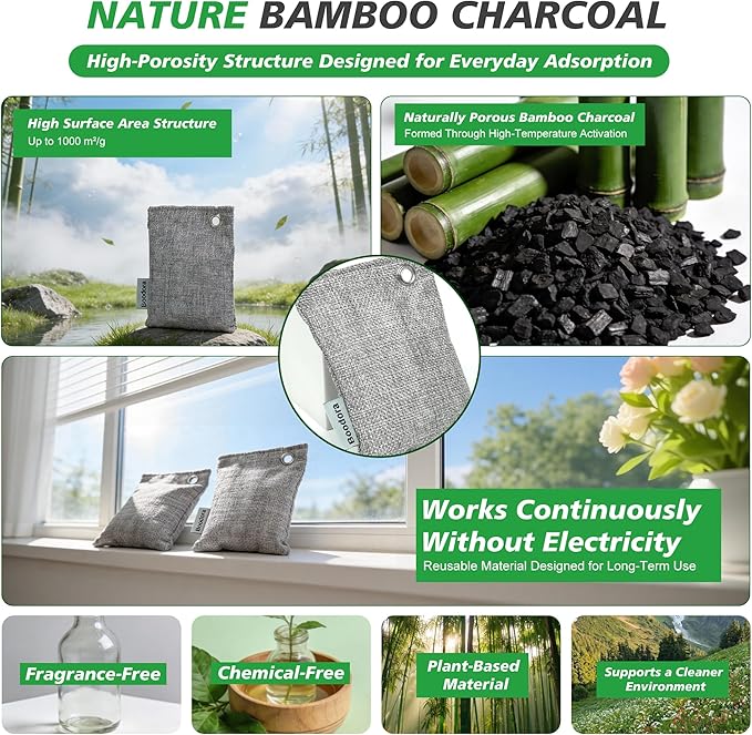 Activated Charcoal Bags Air Purifying 15 Pack Bamboo Charcoal Odor Absorber for Home Closet Car Shoes 70g Gray Natural Odor Neutralizer Moisture Absorber Reusable up to 2 Years 6 Hooks