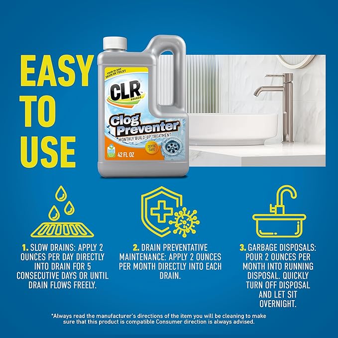 CLR Brands® Clog Preventer Clear Pipes and Drains Monthly Drain Build Up Remover Helps Degrade Sources of Clogs to Keep Drains Flowing Smoothly Safe on All Pipes and Drains - 80 Ounce Bottle