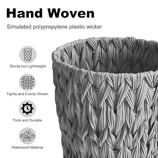 Wicker Trash CanSmall Bathroom Trash CanWaterproof Wicker Waste Basket for BathroomHandwoven Wastebasket for Office2 Gallon Grey Round