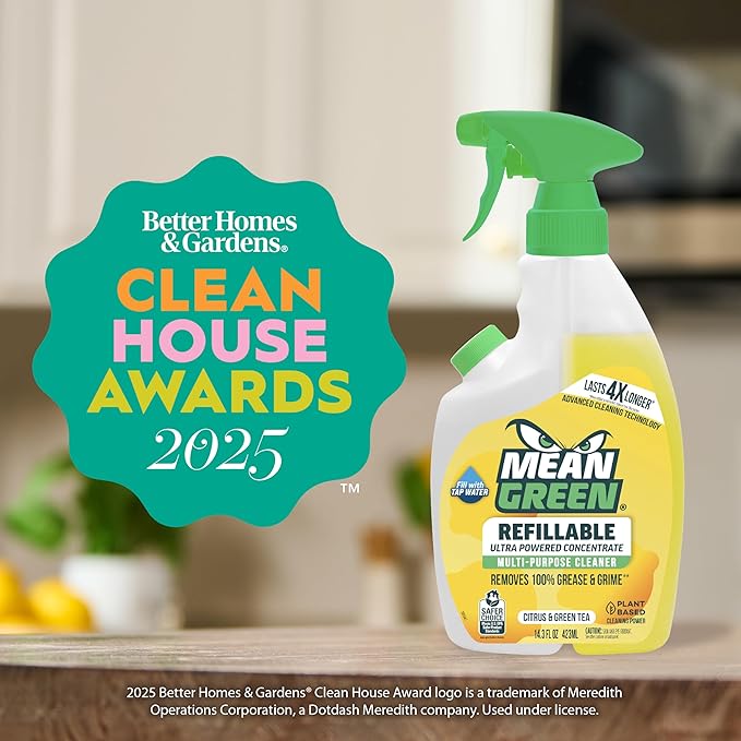Mean Green Refillable Ultra Powered Multi-Purpose Cleaner Concentrate Citrus &amp Green Tea 14.3 fl oz (2-Pack) – Plant &amp Mineral Based Cuts Through Grease &amp Grime Refillable Bottle Makes