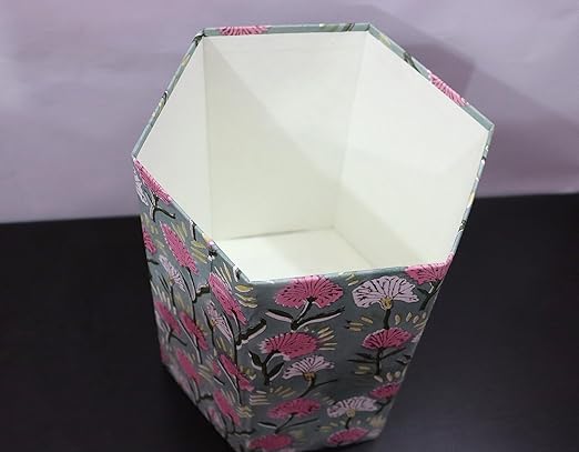 Christmas Decorative Hand Block Printed Waste Basket/Trash Can/Garbage Can/Card Board Trash Can Housewarming Gift (Pink&ampWhite)